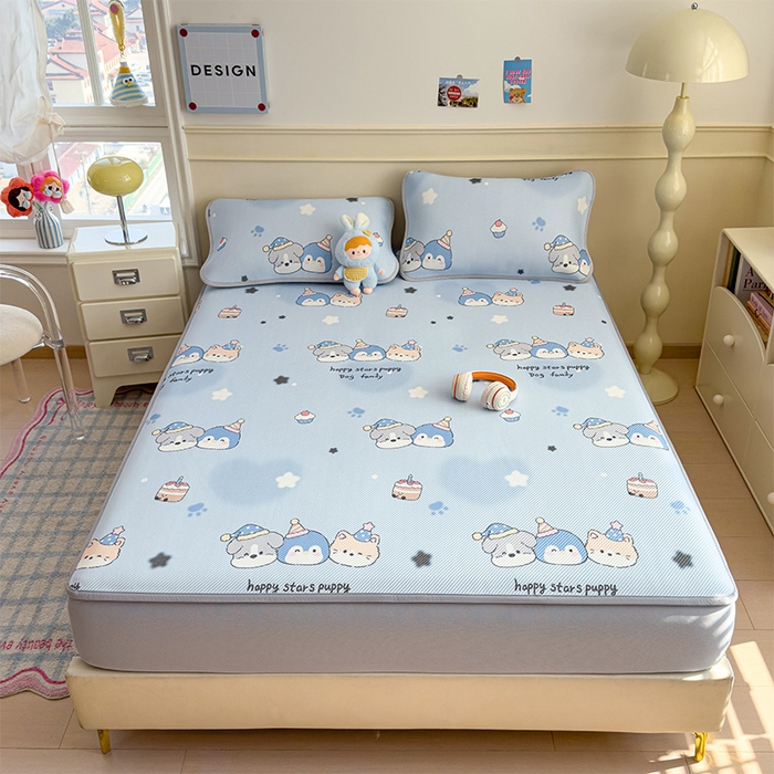 91家纺网 家纺一手货源 找家纺 几禾 2026新款卡通印花凉感凉豆豆凉席系列 开心一家--床笠款