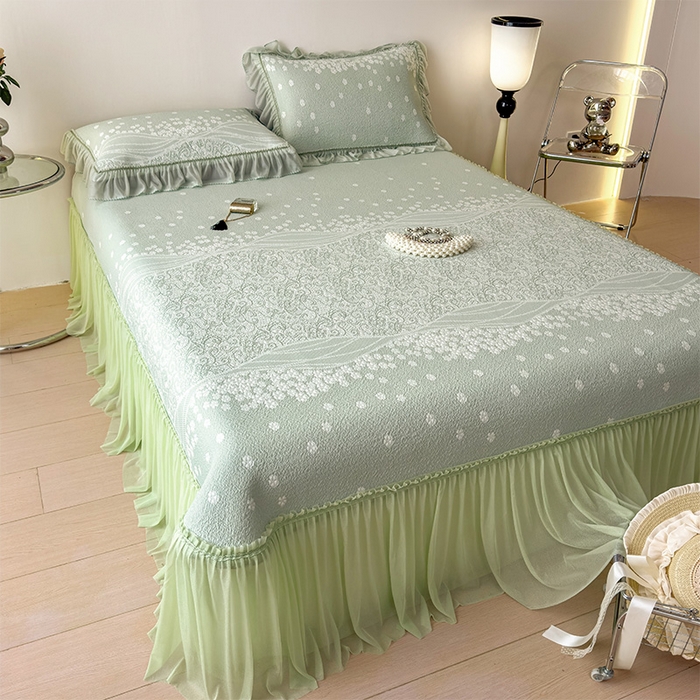 91家纺网 家纺一手货源 找家纺 孩子王家纺 2026新款冰豆豆凉席夏天冰丝席夏季凉感值过0.21可机洗双人床裙款A类母婴级软 花园青草绿