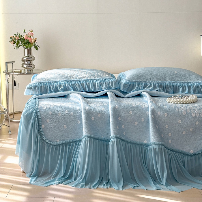 孩子王家纺 2026新款冰豆豆凉席夏天冰丝席夏季凉感值过0.21可机洗双人床裙款A类母婴级软 花园星雾蓝