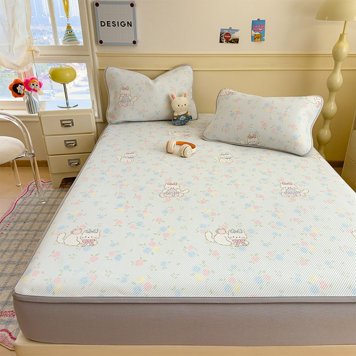 91家纺网 家纺一手货源 找家纺 几禾 2026新款卡通印花凉感凉豆豆凉席系列 奶茶布丁--床笠款