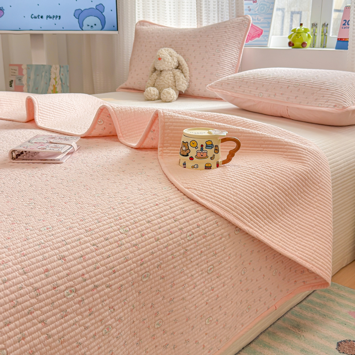 雅萱家纺 2026新款双面全棉砂洗印花床盖三件套 粉色蔷薇