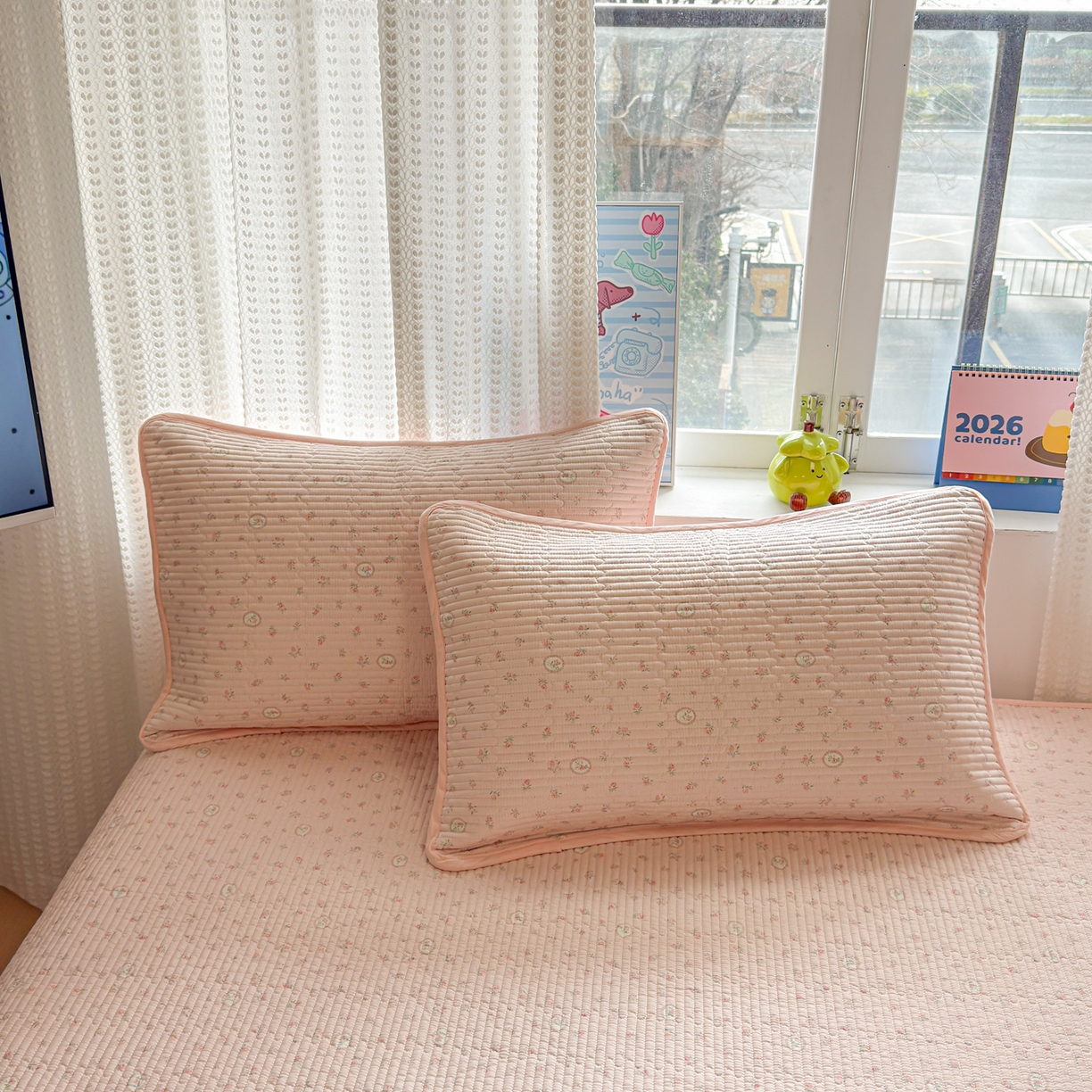 91家纺网 家纺一手货源 找家纺 雅萱家纺 2026新款双面全棉砂洗印花床盖三件套 粉色蔷薇