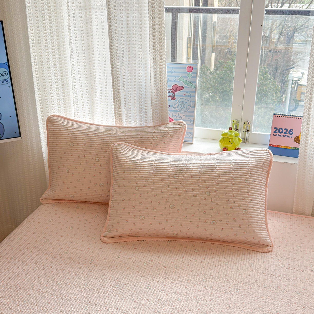 91家纺网 家纺一手货源 找家纺 雅萱家纺 2026新款双面全棉砂洗印花床盖三件套 粉色蔷薇