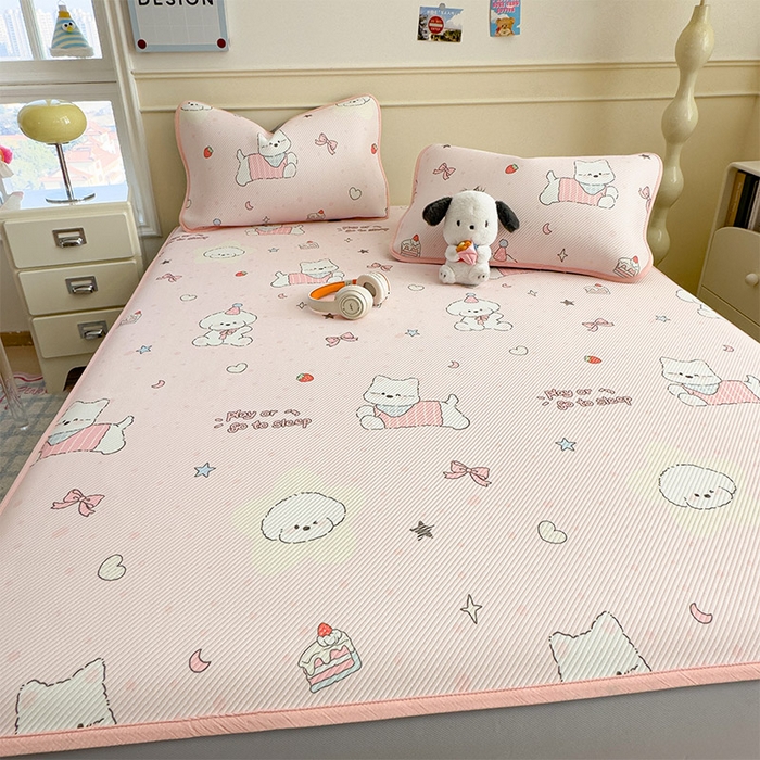 91家纺网 家纺一手货源 找家纺 几禾 2026新款卡通印花凉感凉豆豆凉席系列 心心蜜狗--床笠款