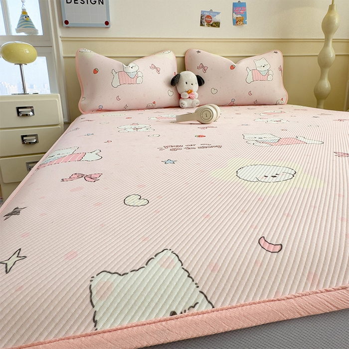 91家纺网 家纺一手货源 找家纺 几禾 2026新款卡通印花凉感凉豆豆凉席系列 心心蜜狗--床笠款