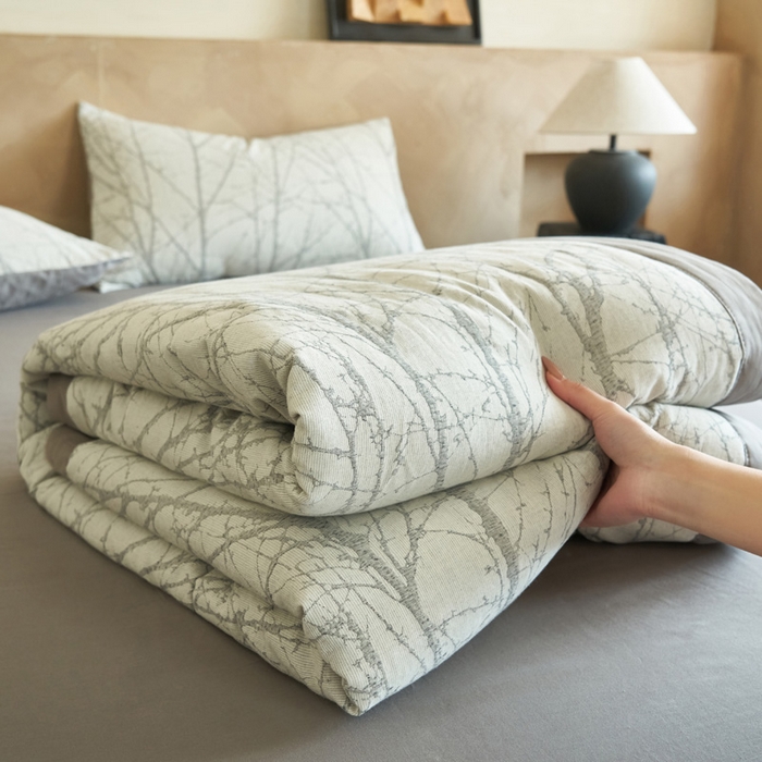 晨曦家纺 2026春夏新款全棉纯棉水洗棉三层提花大豆夏被夏凉被空调被大豆夏被四件套 提花-树林灰