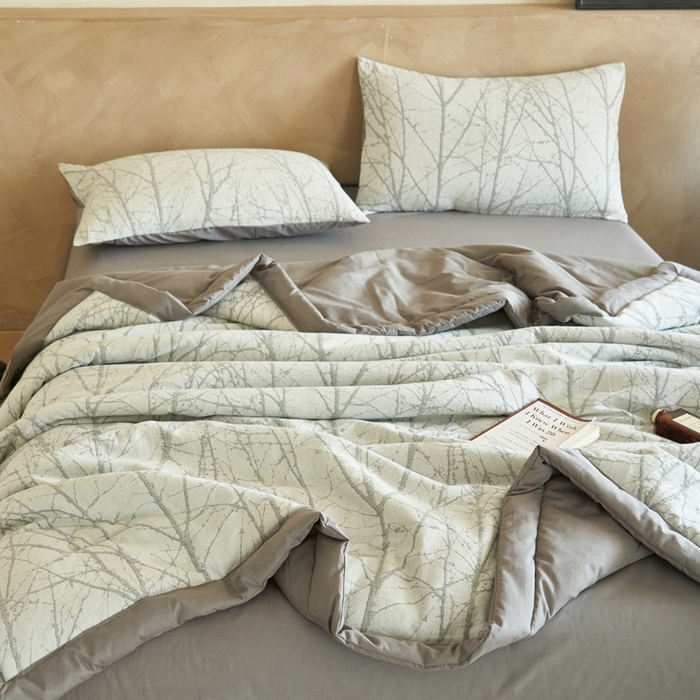 91家纺网 家纺一手货源 找家纺 晨曦家纺 2026春夏新款全棉纯棉水洗棉三层提花大豆夏被夏凉被空调被大豆夏被四件套 提花-树林灰