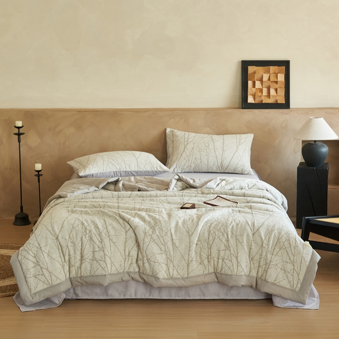 91家纺网 家纺一手货源 找家纺 晨曦家纺 2026春夏新款全棉纯棉水洗棉三层提花大豆夏被夏凉被空调被大豆夏被四件套 提花-树林咖