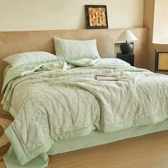 91家纺网 家纺一手货源 找家纺 晨曦家纺 2026春夏新款全棉纯棉水洗棉三层提花大豆夏被夏凉被空调被大豆夏被四件套 提花-树林绿