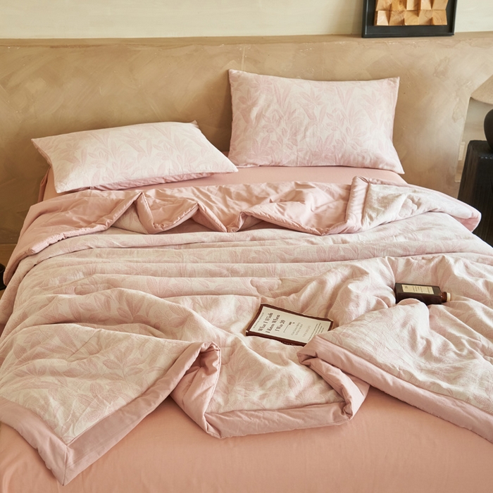 91家纺网 家纺一手货源 找家纺 晨曦家纺 2026春夏新款全棉纯棉水洗棉三层提花大豆夏被夏凉被空调被大豆夏被四件套 提花-叶韵豆沙