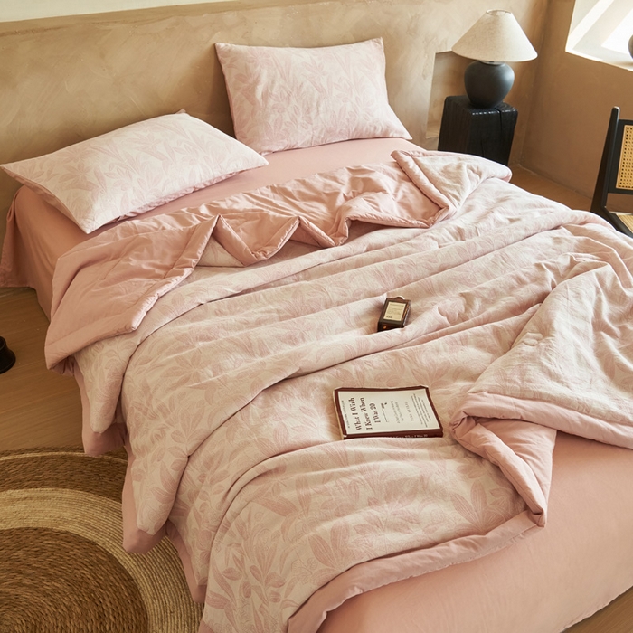 91家纺网 家纺一手货源 找家纺 晨曦家纺 2026春夏新款全棉纯棉水洗棉三层提花大豆夏被夏凉被空调被大豆夏被四件套 提花-叶韵豆沙