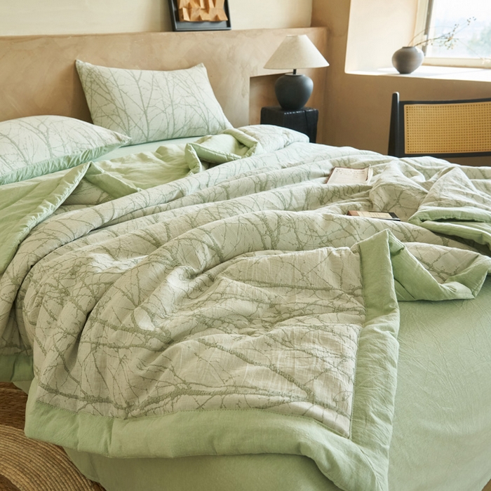 91家纺网 家纺一手货源 找家纺 晨曦家纺 2026春夏新款全棉纯棉水洗棉三层提花大豆夏被夏凉被空调被大豆夏被四件套 提花-树林绿