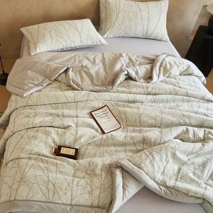 91家纺网 家纺一手货源 找家纺 晨曦家纺 2026春夏新款全棉纯棉水洗棉三层提花大豆夏被夏凉被空调被大豆夏被四件套 提花-树林咖