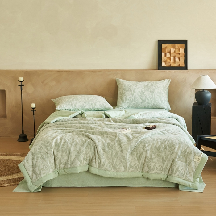 91家纺网 家纺一手货源 找家纺 晨曦家纺 2026春夏新款全棉纯棉水洗棉三层提花大豆夏被夏凉被空调被大豆夏被四件套 提花-叶韵绿