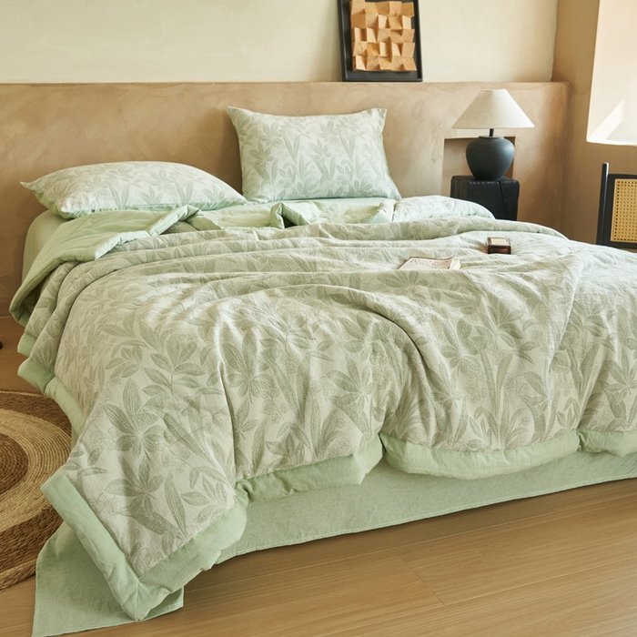 91家纺网 家纺一手货源 找家纺 晨曦家纺 2026春夏新款全棉纯棉水洗棉三层提花大豆夏被夏凉被空调被大豆夏被四件套 提花-叶韵绿