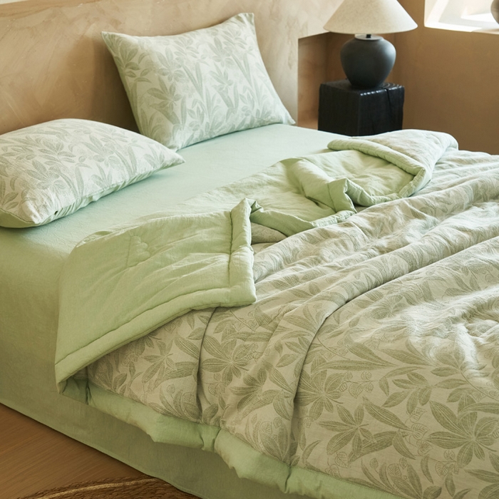 91家纺网 家纺一手货源 找家纺 晨曦家纺 2026春夏新款全棉纯棉水洗棉三层提花大豆夏被夏凉被空调被大豆夏被四件套 提花-叶韵绿