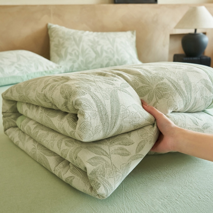 晨曦家纺 2026春夏新款全棉纯棉水洗棉三层提花大豆夏被夏凉被空调被大豆夏被四件套 提花-叶韵绿