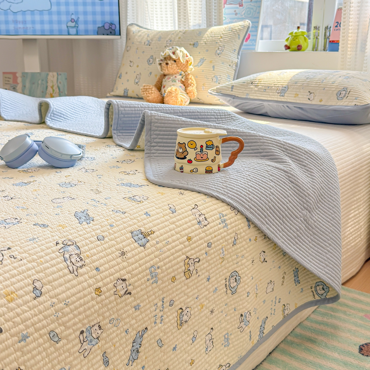 雅萱家纺 2026新款双面全棉砂洗印花床盖三件套 可爱猫