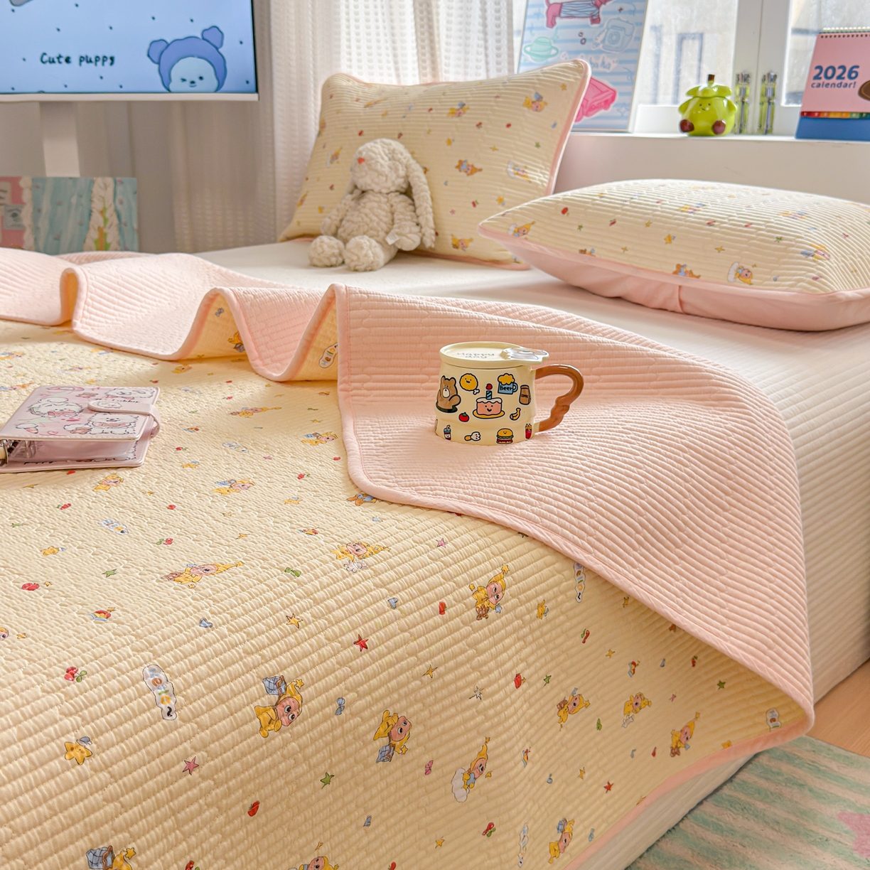 雅萱家纺 2026新款双面全棉砂洗印花床盖三件套 可爱星人