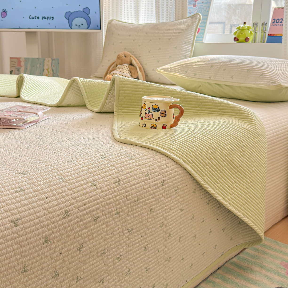 雅萱家纺 2026新款双面全棉砂洗印花床盖三件套 绿格蝴蝶结