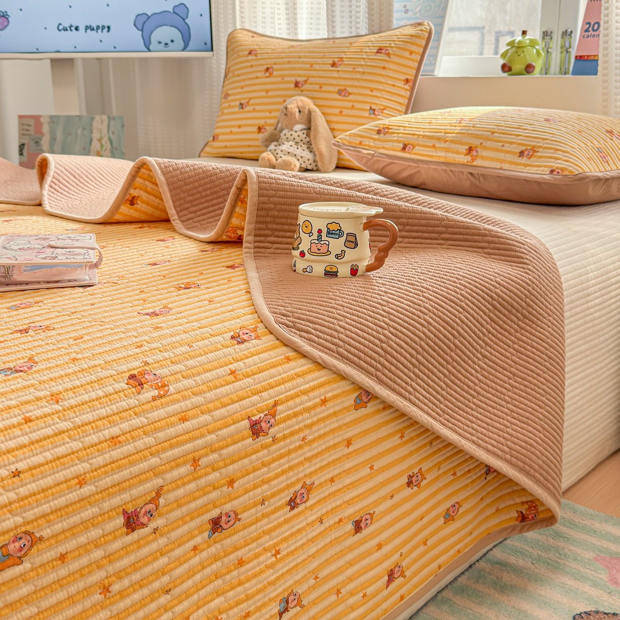 雅萱家纺 2026新款双面全棉砂洗印花床盖三件套 魔法星人