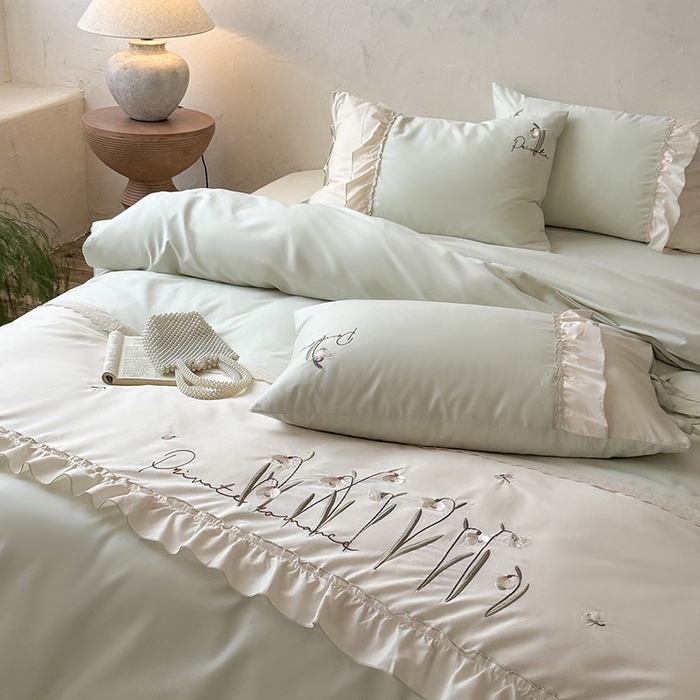 91家纺网 家纺一手货源 找家纺 艾唯希家纺 2026新款全棉纯棉公主风花边刺绣工艺四件套纯棉-安娜公主系列 安娜公主-绿