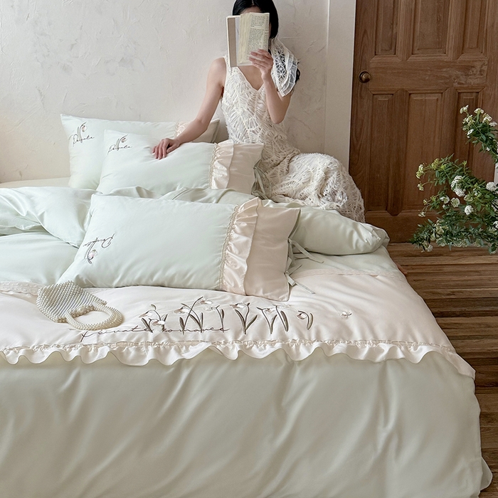 91家纺网 家纺一手货源 找家纺 艾唯希家纺 2026新款全棉纯棉公主风花边刺绣工艺四件套纯棉-安娜公主系列 安娜公主-绿