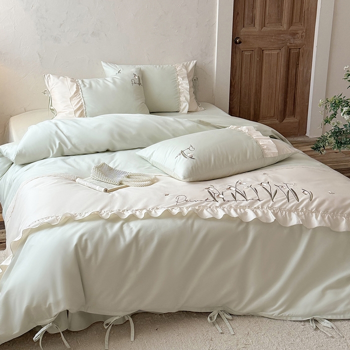 91家纺网 家纺一手货源 找家纺 艾唯希家纺 2026新款全棉纯棉公主风花边刺绣工艺四件套纯棉-安娜公主系列 安娜公主-绿