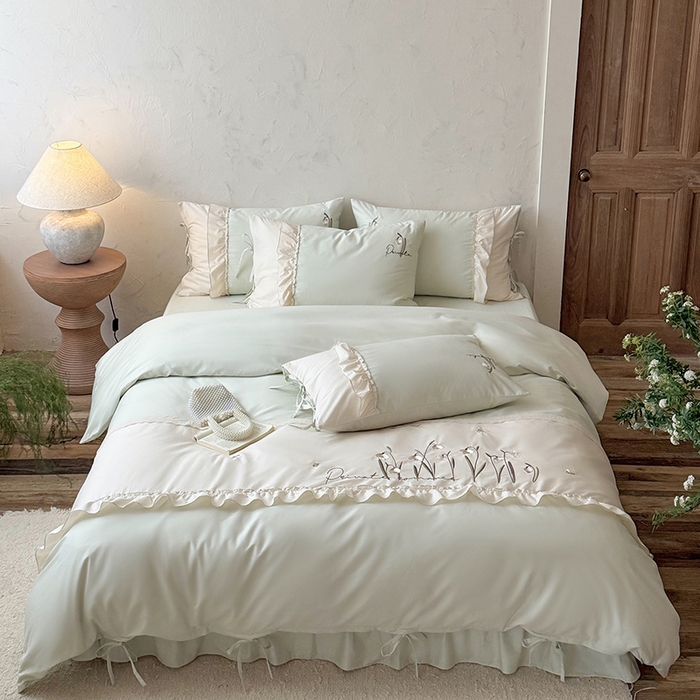 91家纺网 家纺一手货源 找家纺 艾唯希家纺 2026新款全棉纯棉公主风花边刺绣工艺四件套纯棉-安娜公主系列 安娜公主-绿