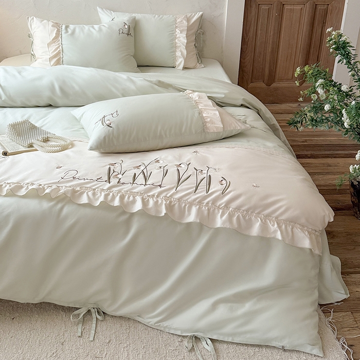 91家纺网 家纺一手货源 找家纺 艾唯希家纺 2026新款全棉纯棉公主风花边刺绣工艺四件套纯棉-安娜公主系列 安娜公主-绿