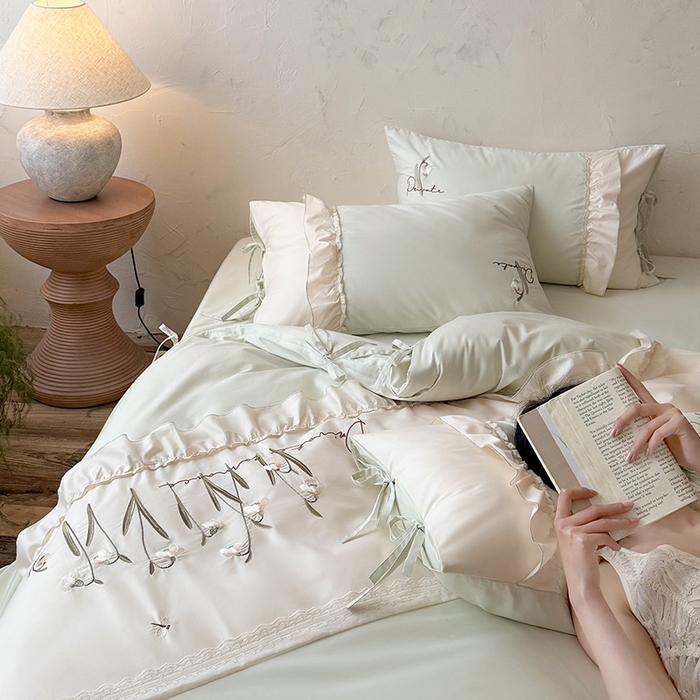 91家纺网 家纺一手货源 找家纺 艾唯希家纺 2026新款全棉纯棉公主风花边刺绣工艺四件套纯棉-安娜公主系列 安娜公主-绿