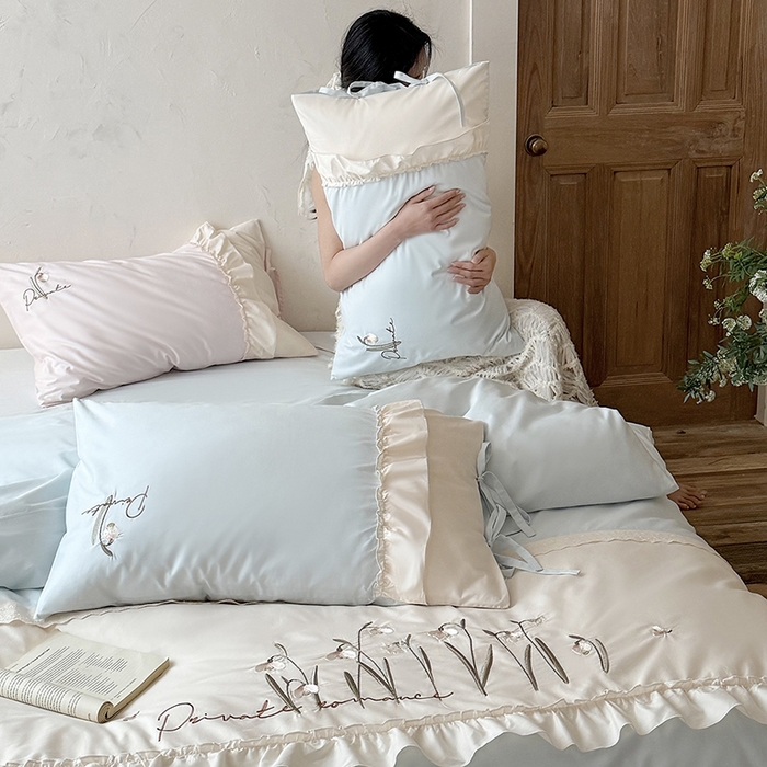 91家纺网 家纺一手货源 找家纺 艾唯希家纺 2026新款全棉纯棉公主风花边刺绣工艺四件套纯棉-安娜公主系列 安娜公主-蓝