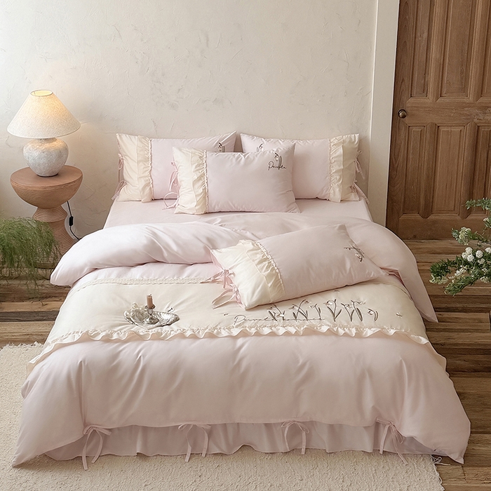 91家纺网 家纺一手货源 找家纺 艾唯希家纺 2026新款全棉纯棉公主风花边刺绣工艺四件套纯棉-安娜公主系列 安娜公主-粉