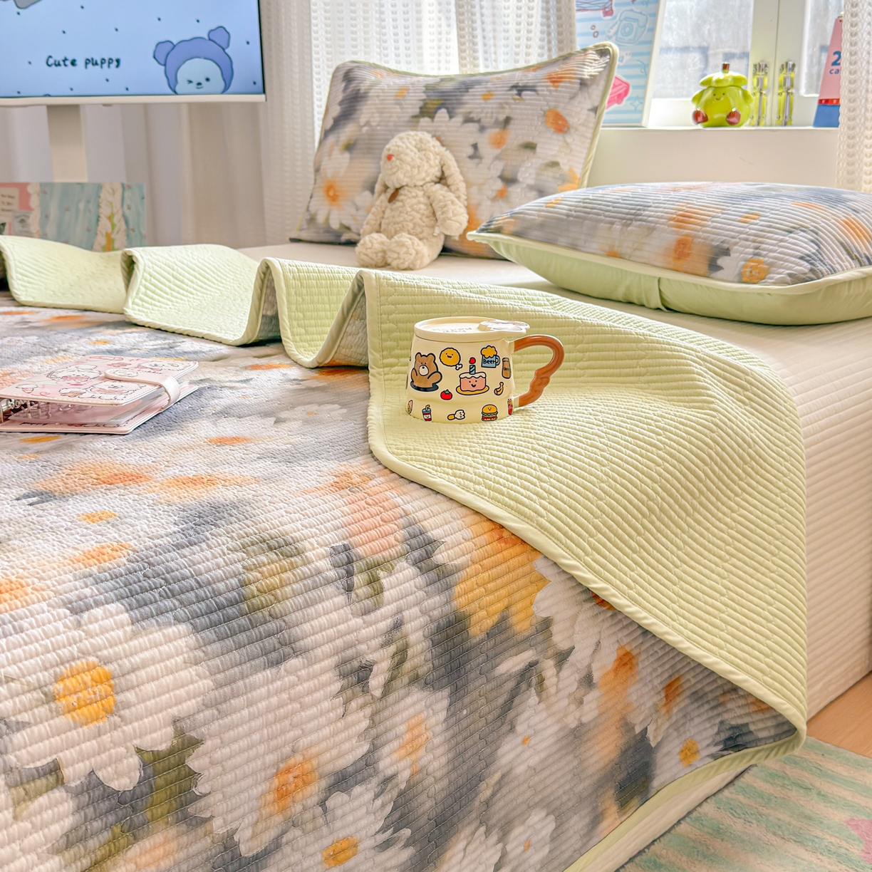 雅萱家纺 2026新款双面全棉砂洗印花床盖三件套 墨染秋菊