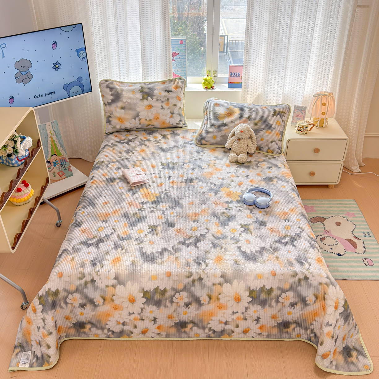 91家纺网 家纺一手货源 找家纺 雅萱家纺 2026新款双面全棉砂洗印花床盖三件套 墨染秋菊