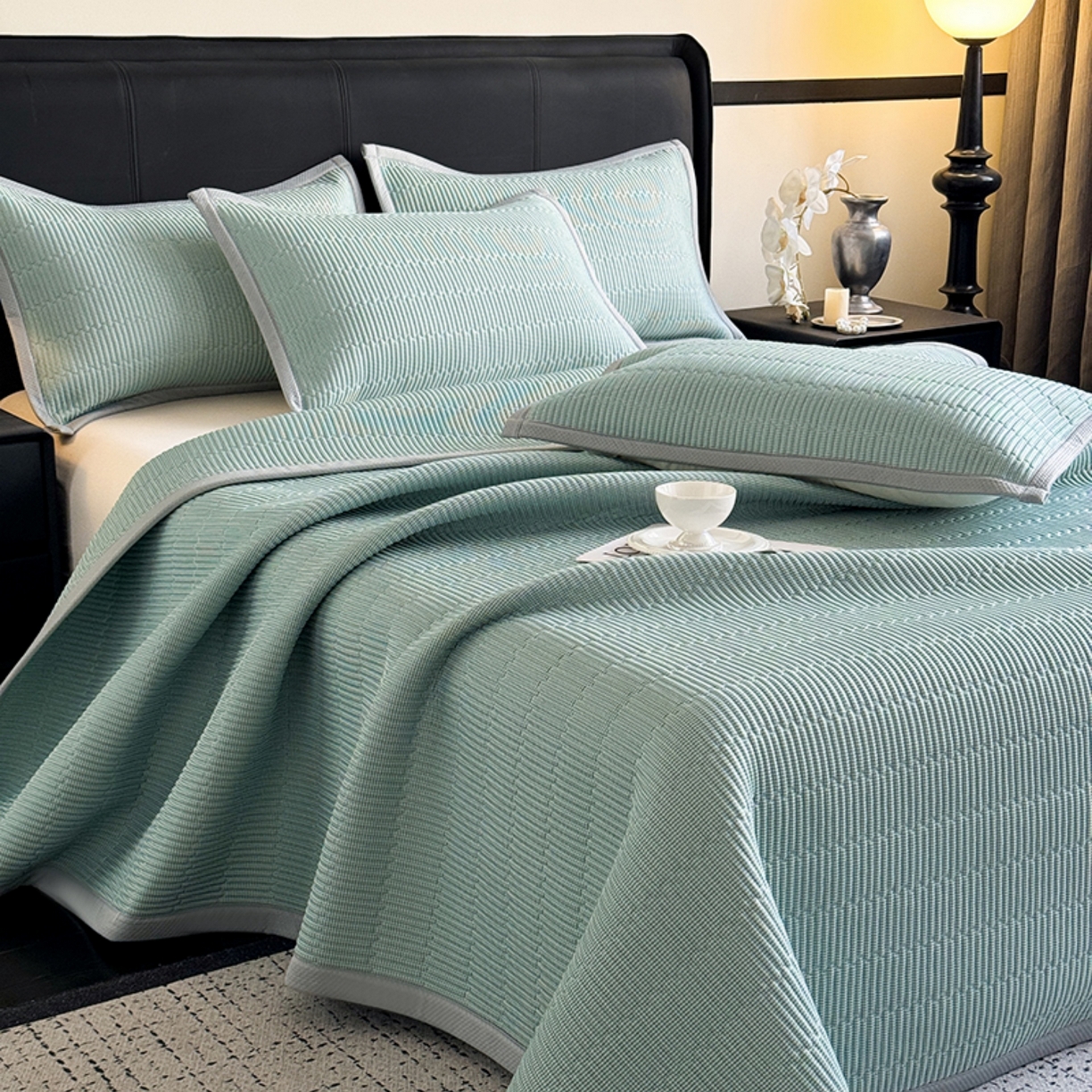 （总）卡罗兰 2026新款碳光冰丝凉席双面可用冰丝凉席床盖单件  三件套