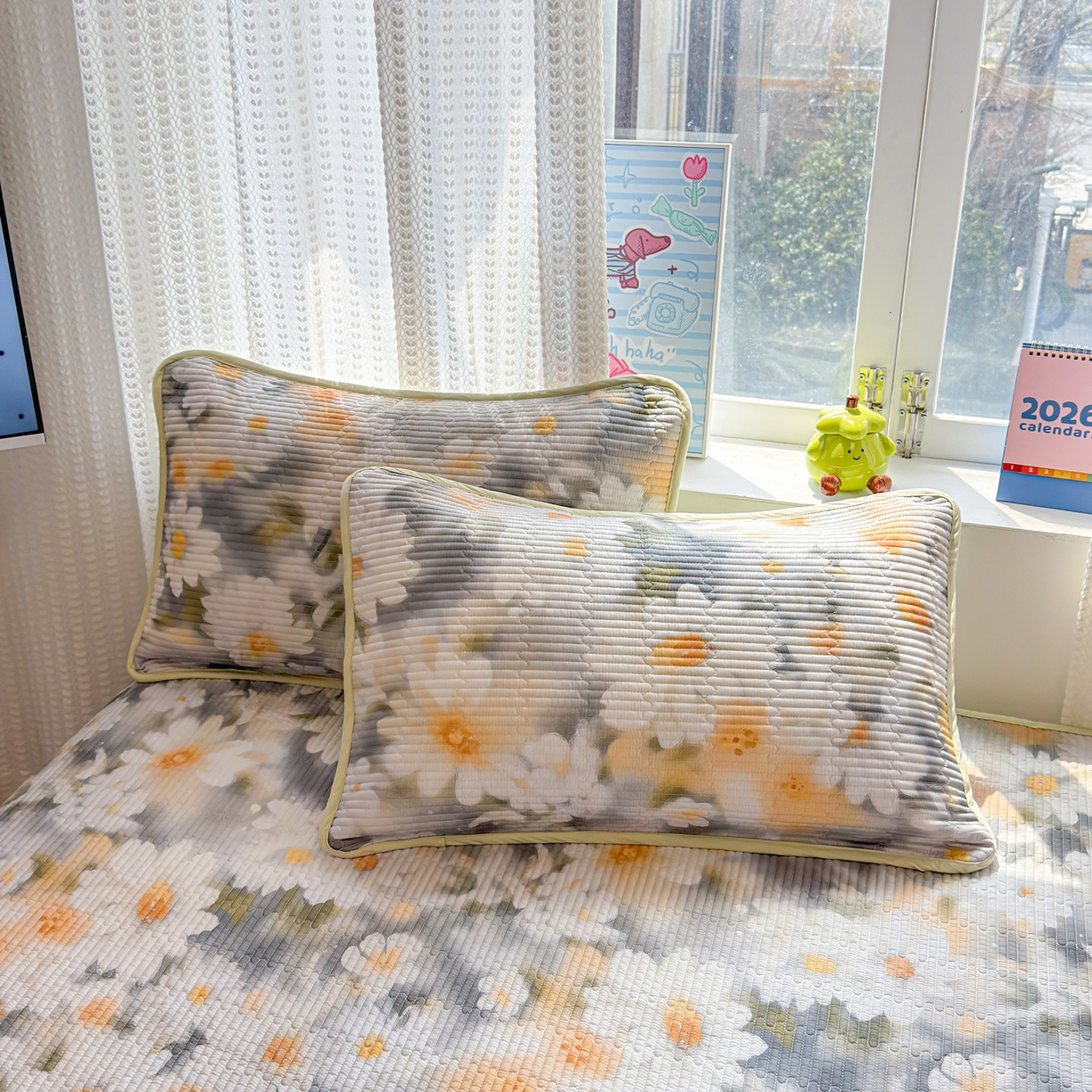 91家纺网 家纺一手货源 找家纺 雅萱家纺 2026新款双面全棉砂洗印花床盖三件套 墨染秋菊