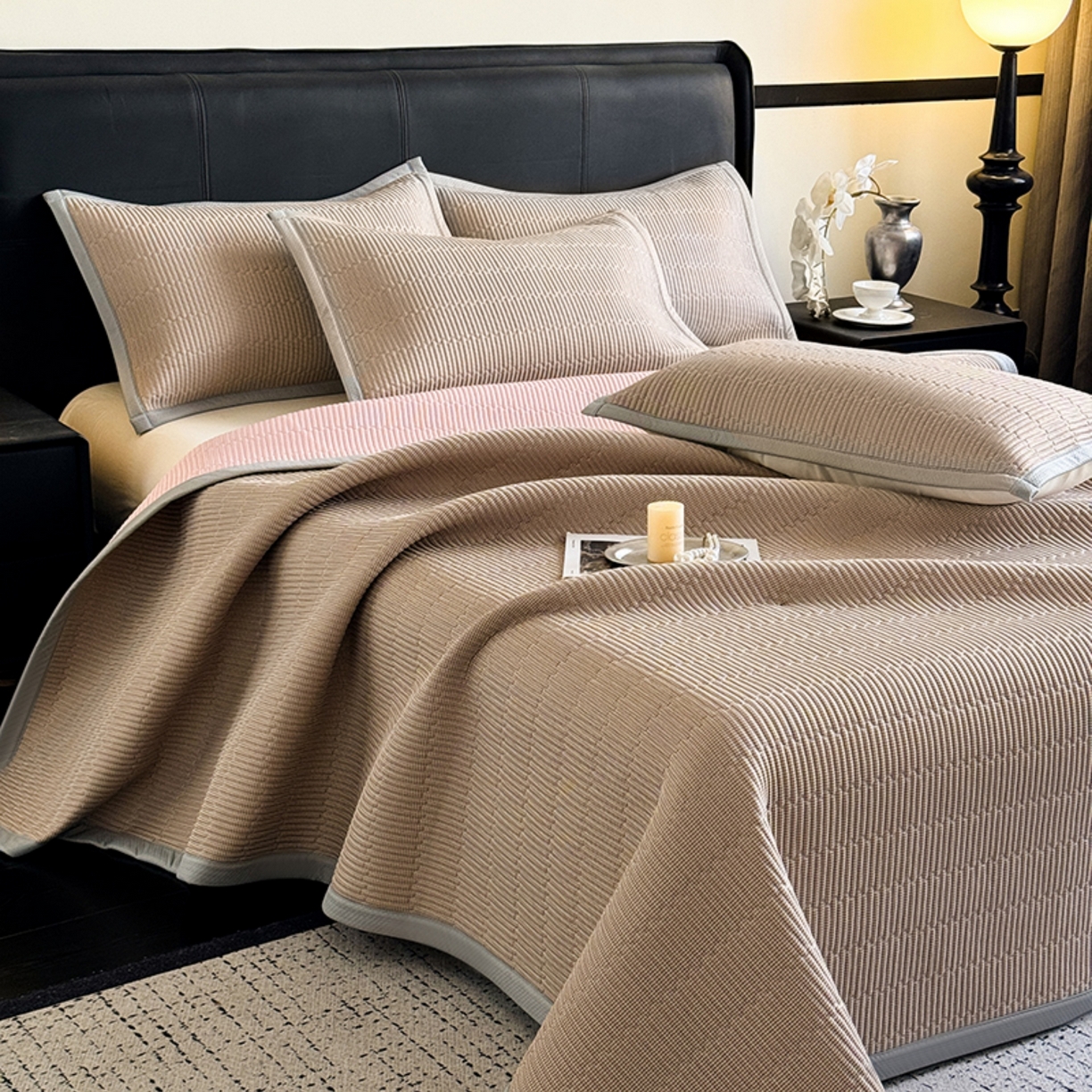 卡罗兰 2026新款碳光冰丝凉席双面可用冰丝凉席床盖单件  三件套 子衿-浅咖