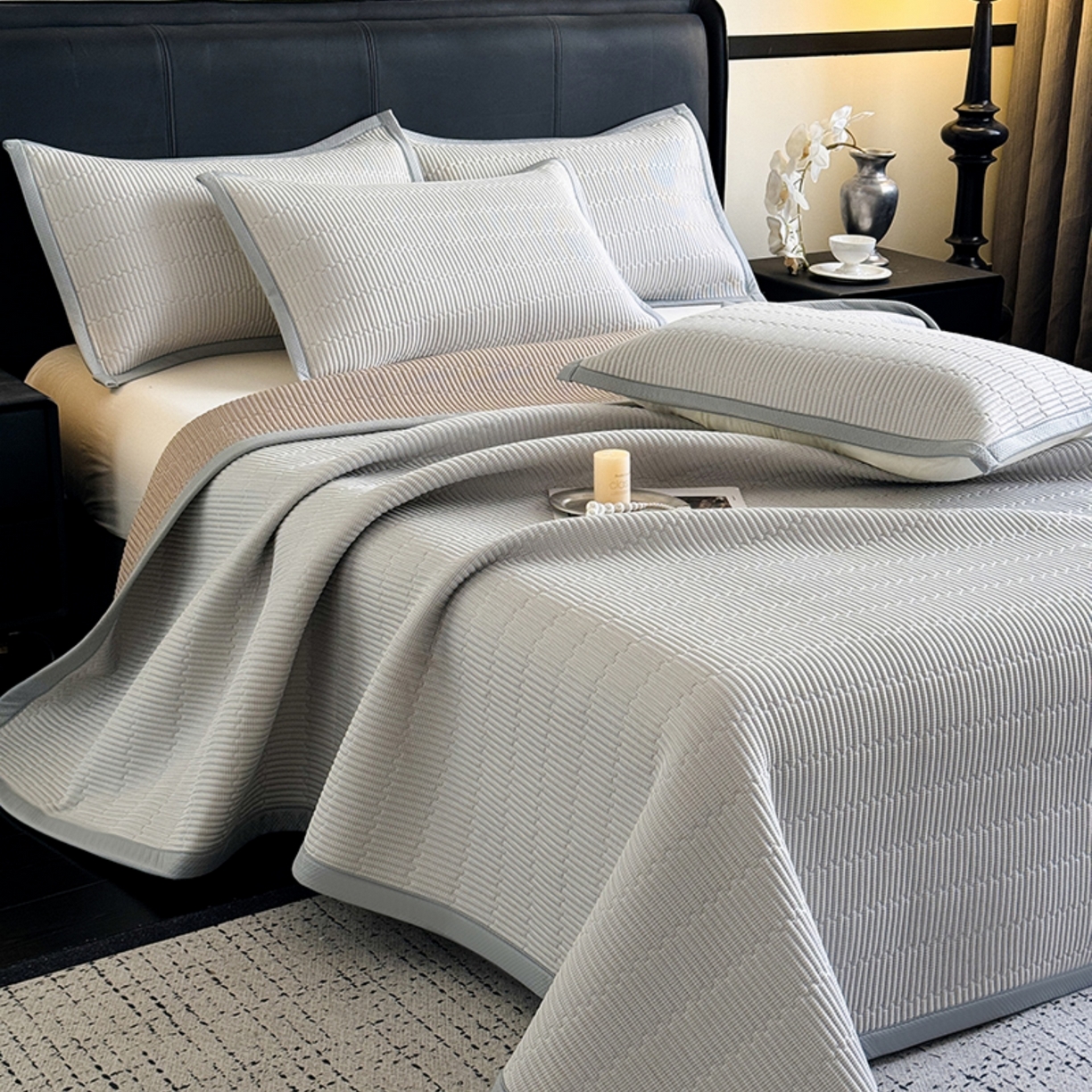 卡罗兰 2026新款碳光冰丝凉席双面可用冰丝凉席床盖单件  三件套 子衿-浅灰