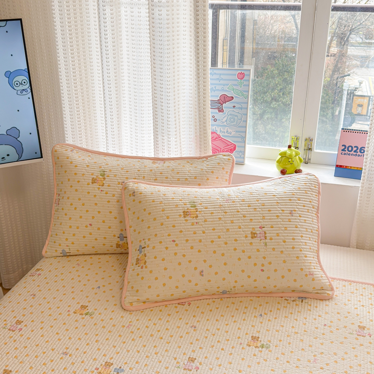 91家纺网 家纺一手货源 找家纺 雅萱家纺 2026新款双面全棉砂洗印花床盖三件套 甜桔