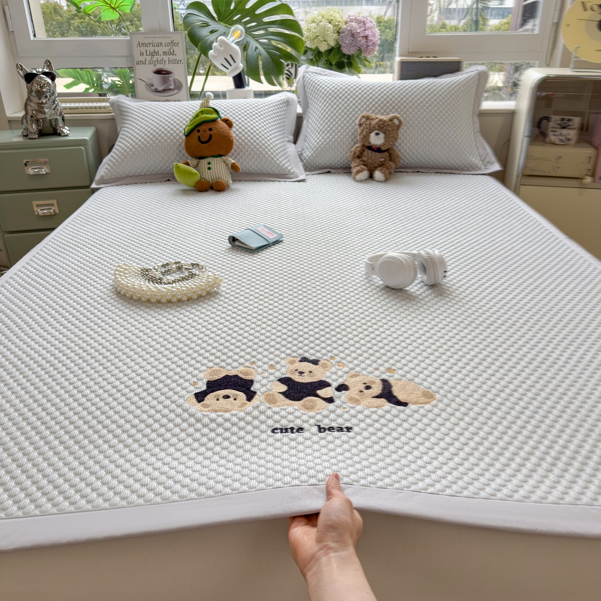 孩子王家纺 2026新款A类卡通3D冰豆豆凉席三件套凉感值过0.21夏天刺绣冰丝席可机洗儿童 冰川蓝-床席款