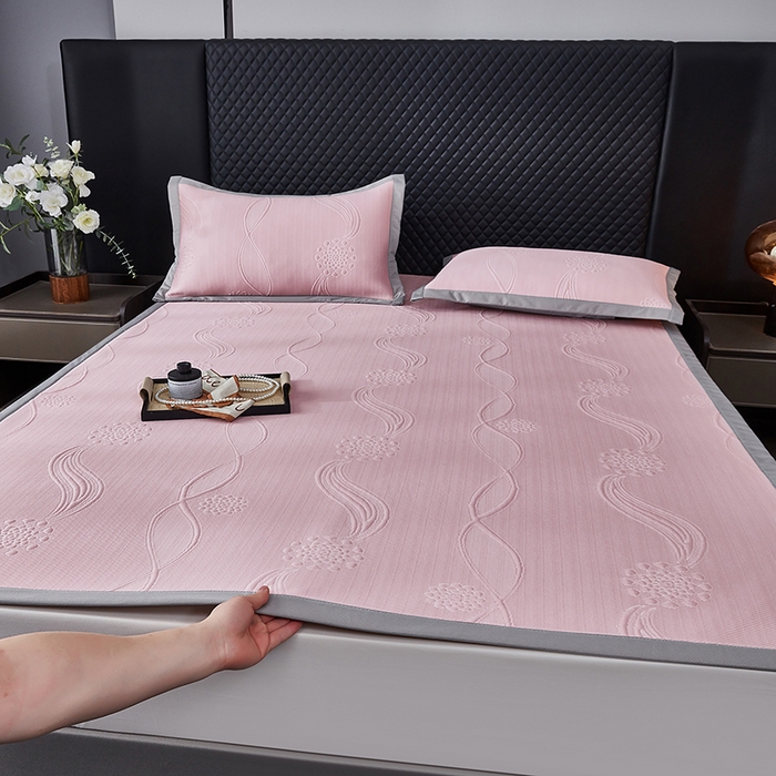 库里梦家纺 2026新款轻奢高克重复合PE高分子凉席床笠三件套-芳菲 芳菲-粉色床席款