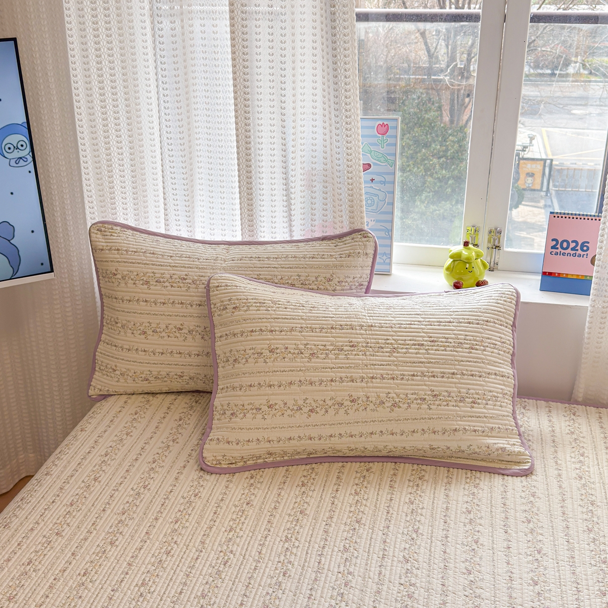 91家纺网 家纺一手货源 找家纺 雅萱家纺 2026新款双面全棉砂洗印花床盖三件套 紫蔷薇花园