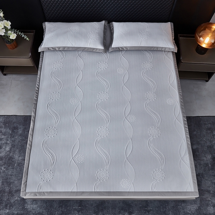 91家纺网 家纺一手货源 找家纺 库里梦家纺 2026新款轻奢高克重复合PE高分子凉席床笠三件套-芳菲 芳菲-灰色床席款