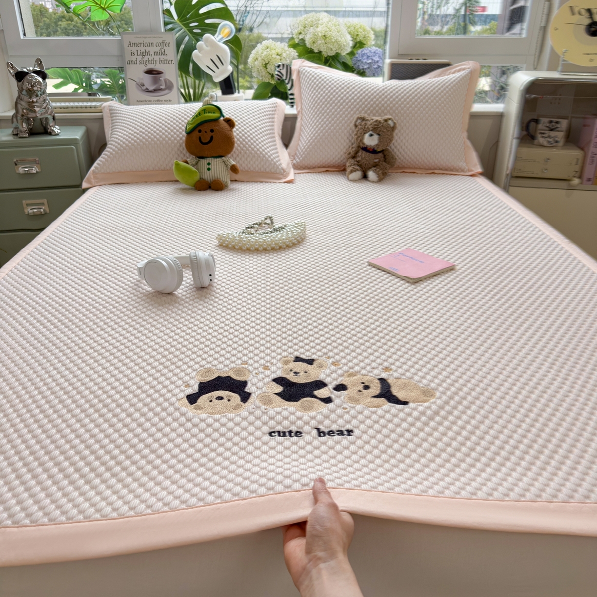 孩子王家纺 2026新款A类卡通3D冰豆豆凉席三件套凉感值过0.21夏天刺绣冰丝席可机洗儿童 冰晶粉-床席款