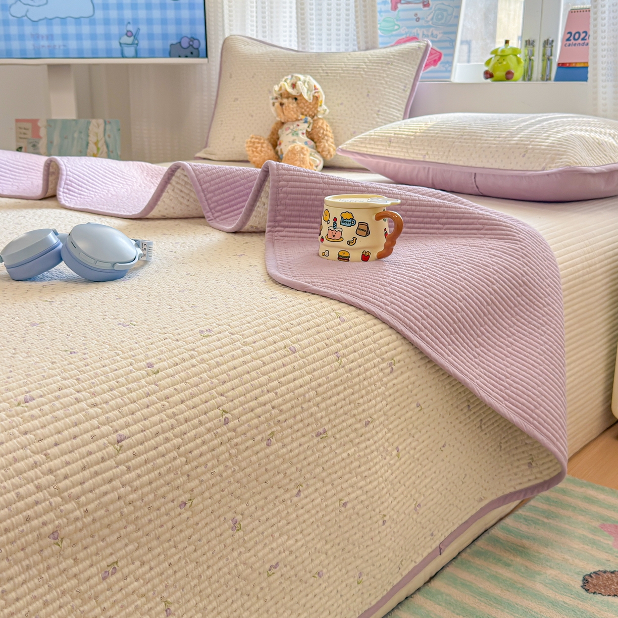 雅萱家纺 2026新款双面全棉砂洗印花床盖三件套 紫色小花