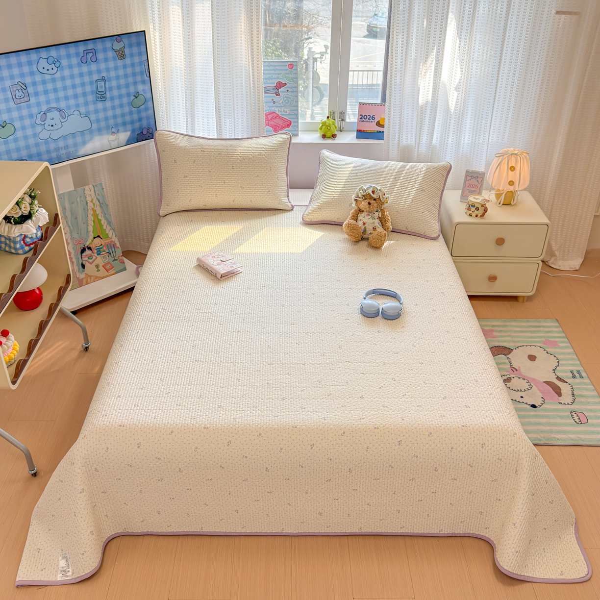 91家纺网 家纺一手货源 找家纺 雅萱家纺 2026新款双面全棉砂洗印花床盖三件套 紫色小花