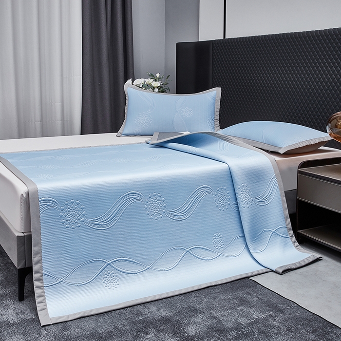 91家纺网 家纺一手货源 找家纺 库里梦家纺 2026新款轻奢高克重复合PE高分子凉席床笠三件套-芳菲 芳菲-蓝色床席款