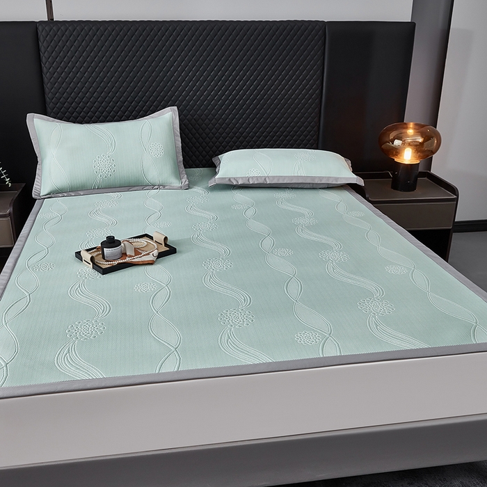 91家纺网 家纺一手货源 找家纺 库里梦家纺 2026新款轻奢高克重复合PE高分子凉席床笠三件套-芳菲 芳菲-绿色床席款