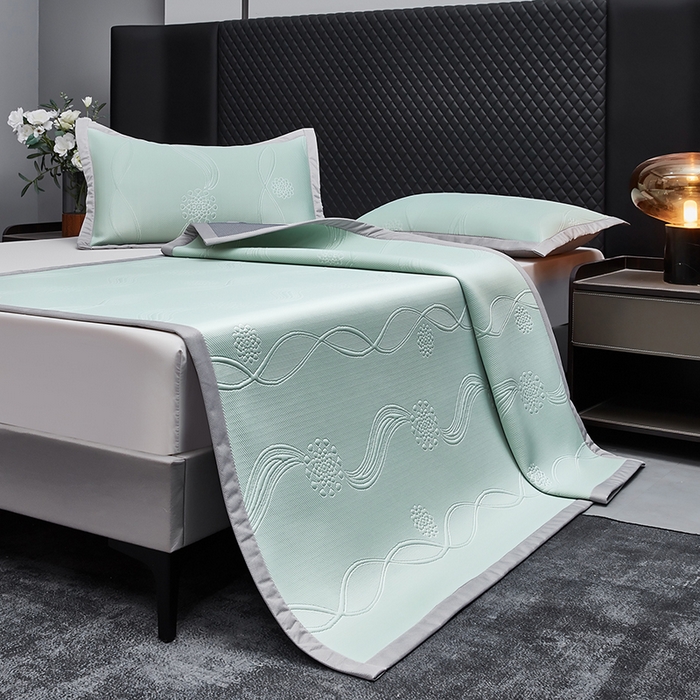 91家纺网 家纺一手货源 找家纺 库里梦家纺 2026新款轻奢高克重复合PE高分子凉席床笠三件套-芳菲 芳菲-绿色床席款